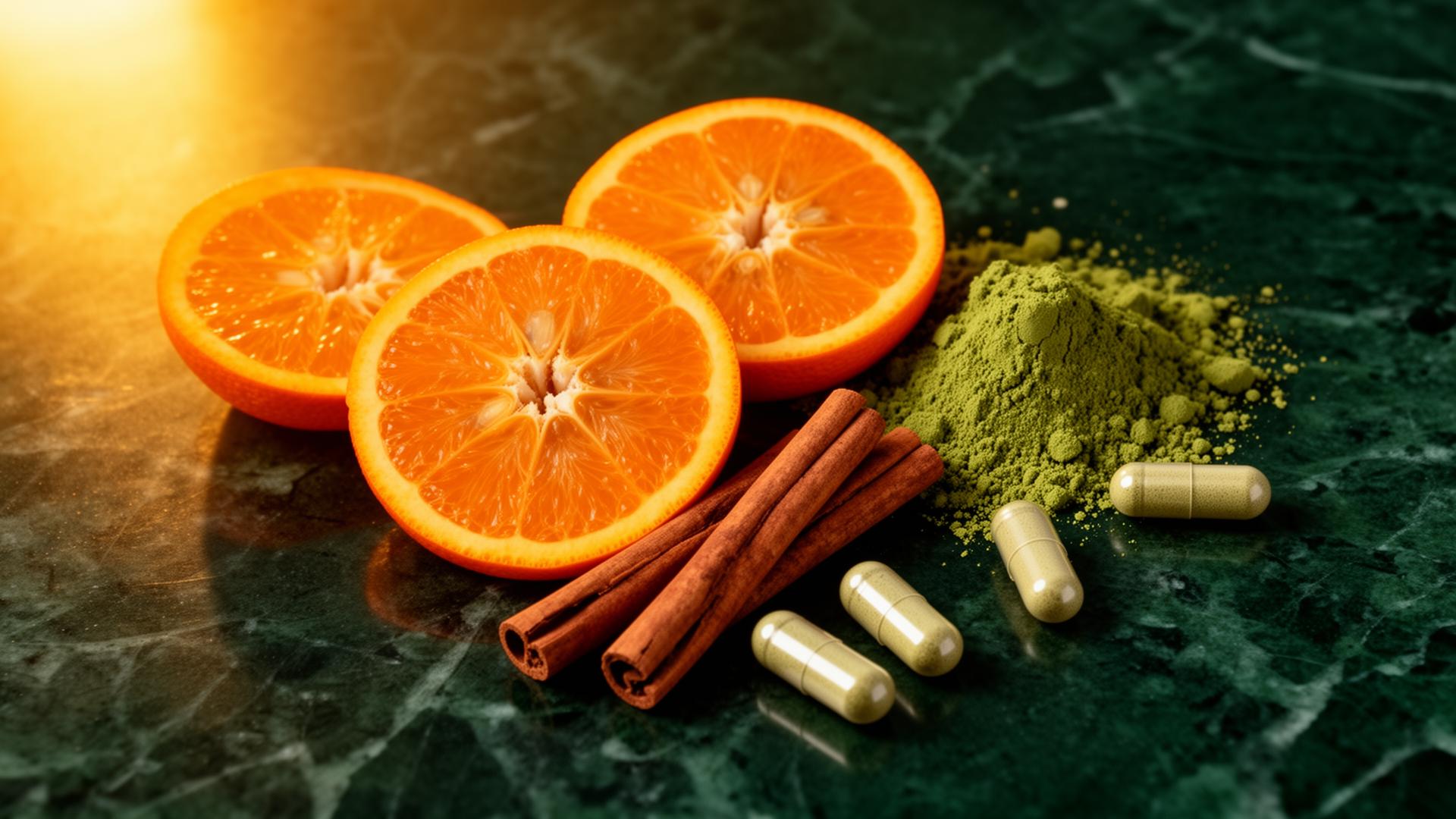 Natural fat burner ingredients including Seville oranges, green tea, and botanical capsules